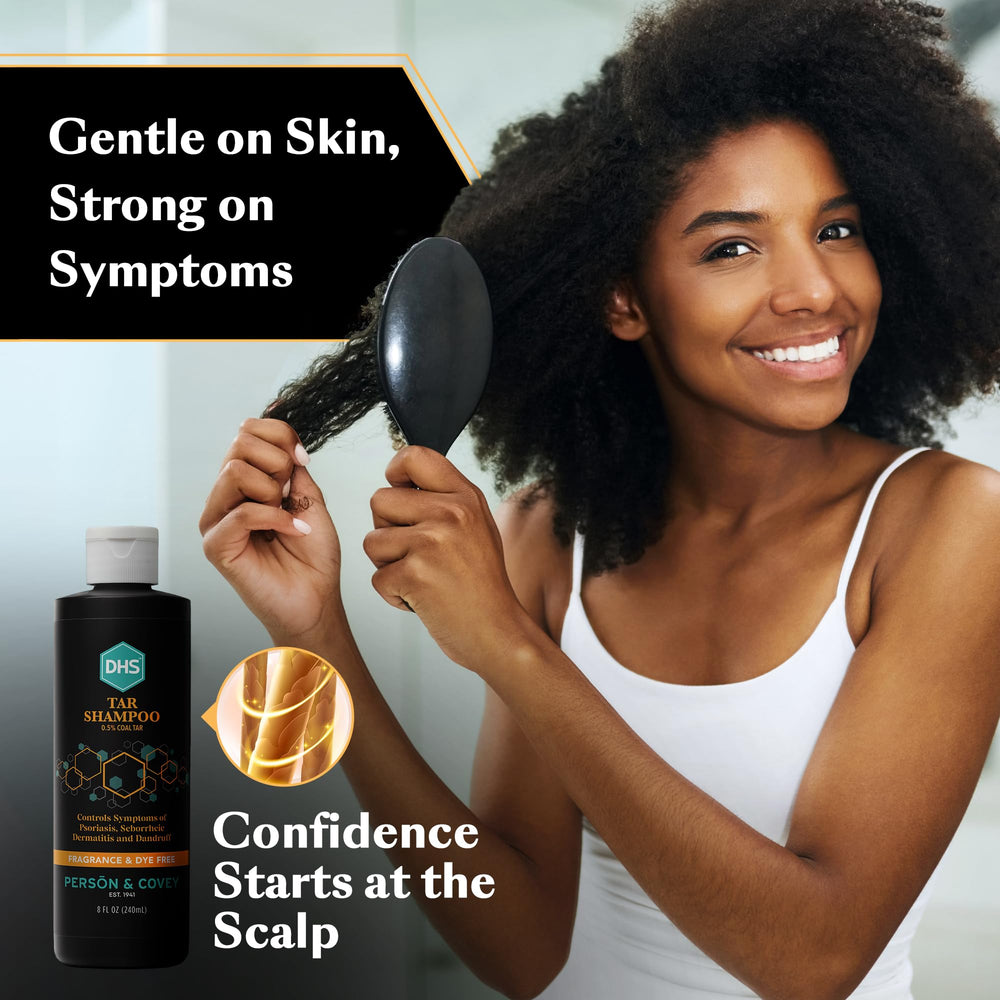 DHS Coal Tar Shampoo hands applying product for scalp treatment.