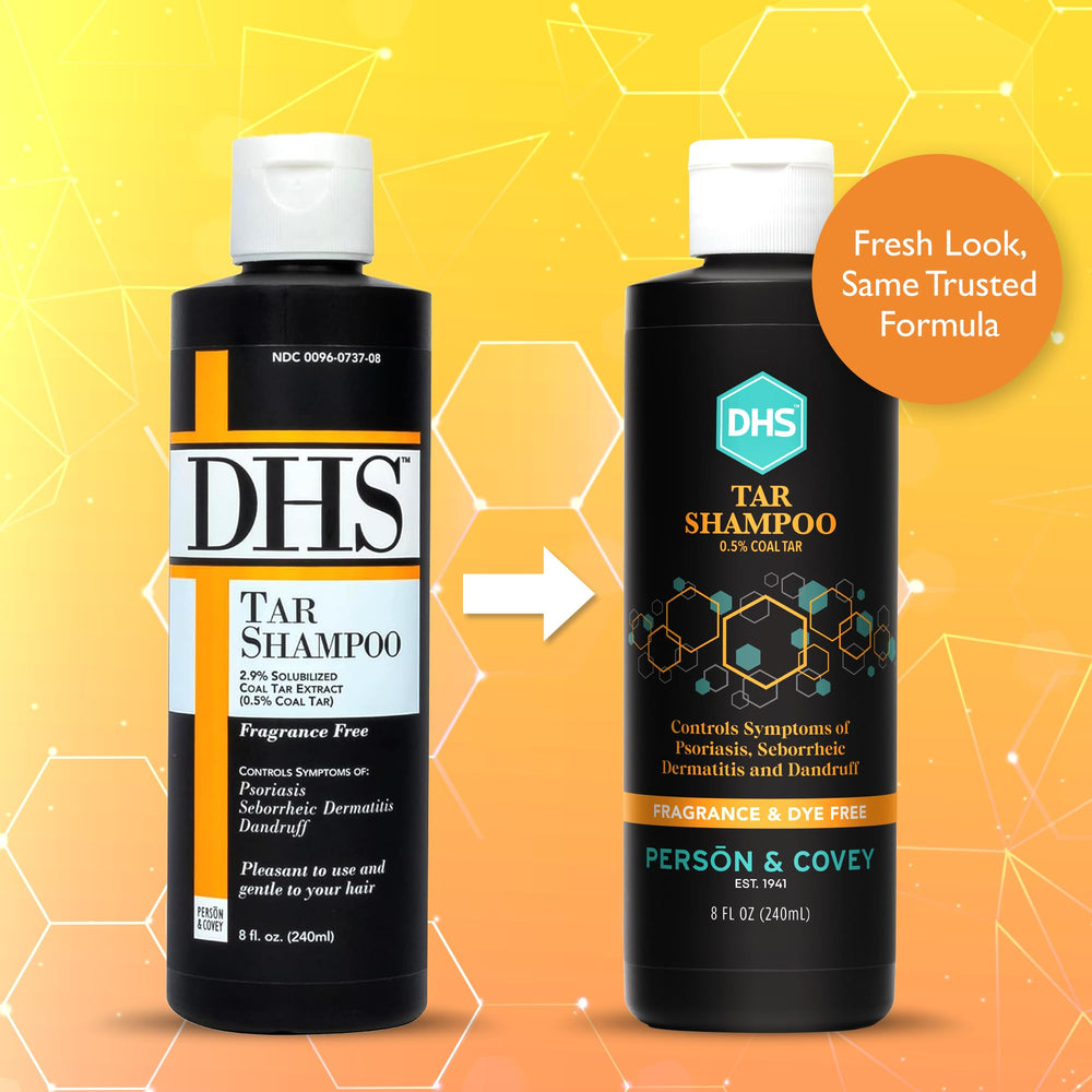 DHS Coal Tar Shampoo pour demonstrates easy dispensing and scalp soothing benefits.