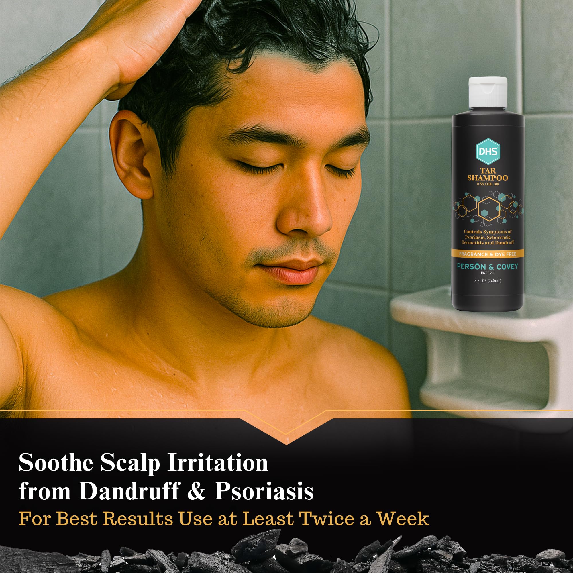 DHS Coal Tar Shampoo texture closeup displays rich, residue-free wash experience.