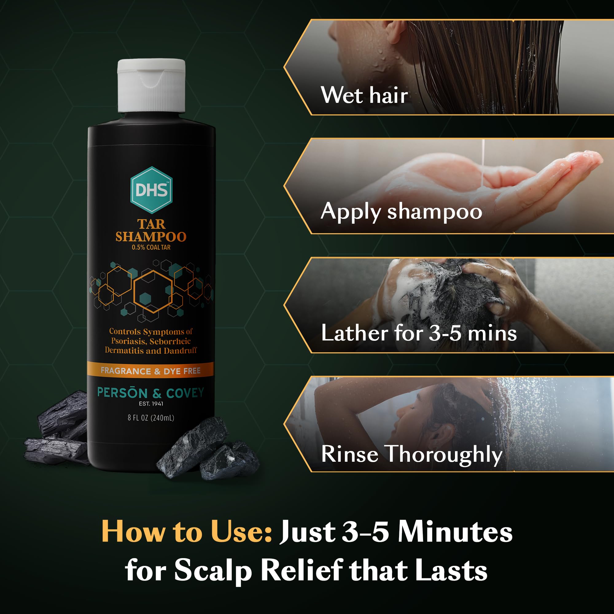 DHS Coal Tar Shampoo unscented label on bottle appeals to sensitive users.