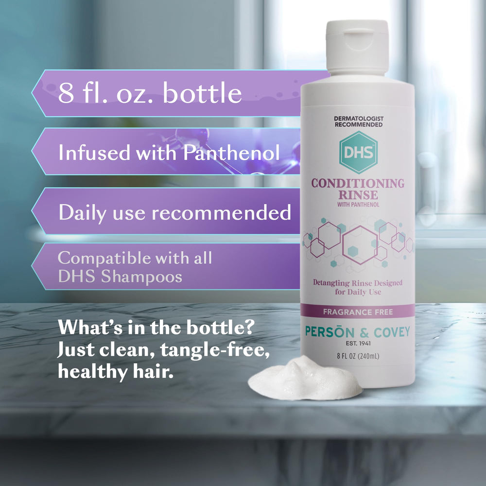 DHS Conditioning Rinse fragrance-free label suitable for sensitive scalps.