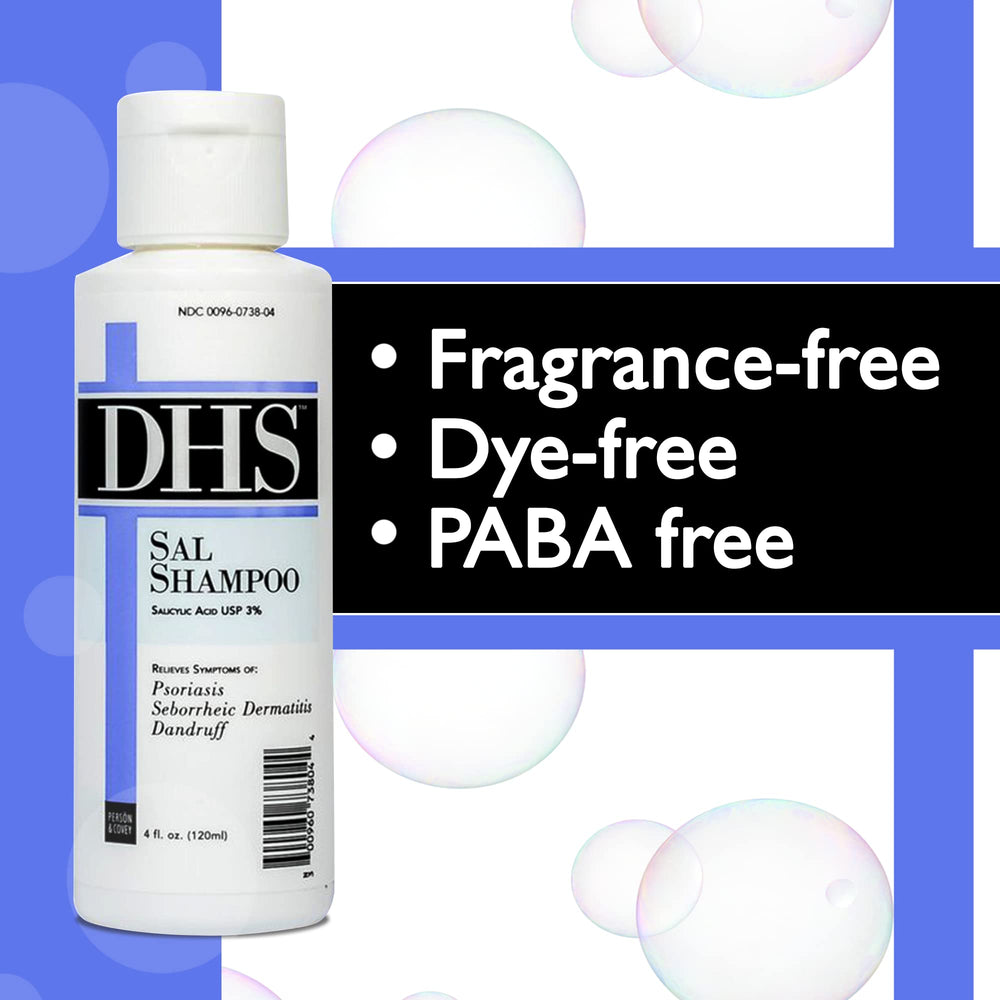 DHS SAL Shampoo anti-dandruff effect shown on hair and scalp.