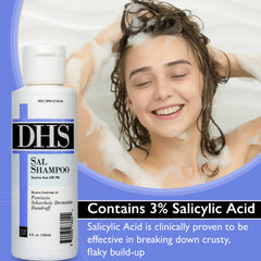 DHS SAL Shampoo scalp application demonstrates easy use for calming irritation.