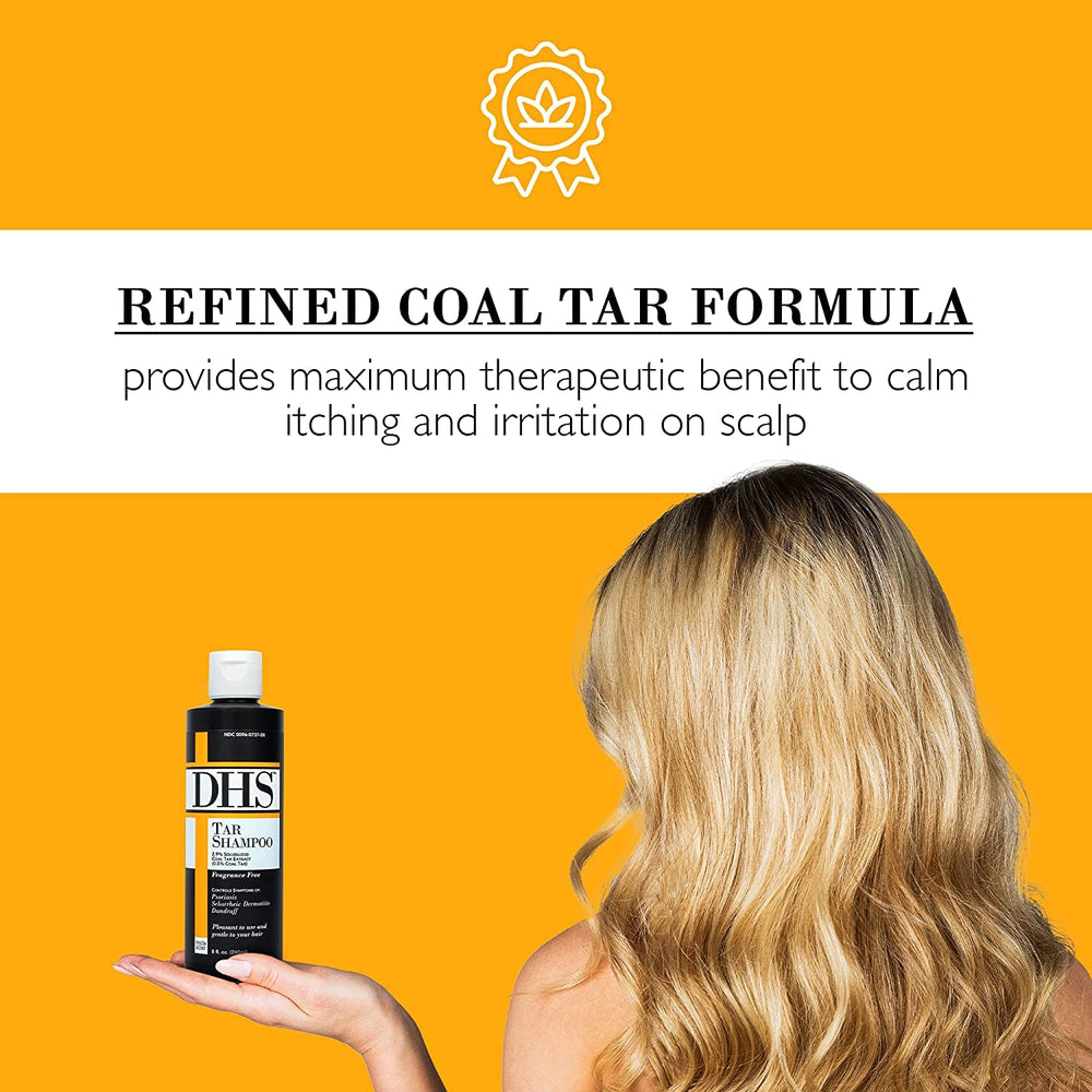 DHS Coal Tar Shampoo bottle pour ready for daily use.