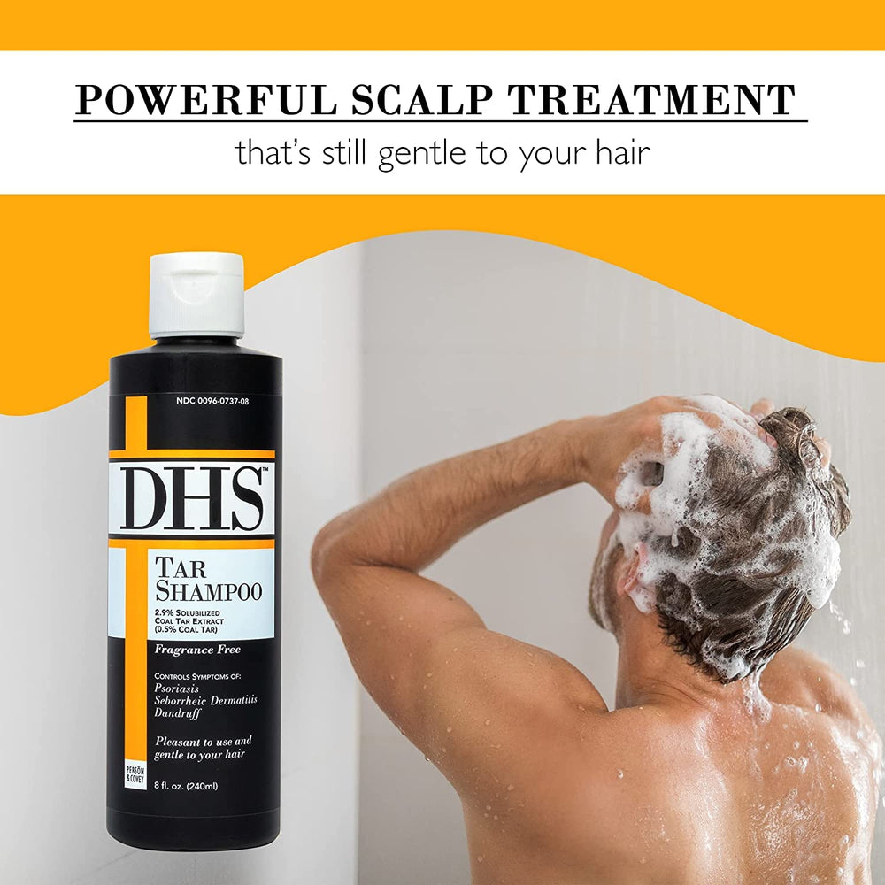 DHS Coal Tar Shampoo PABA-free label emphasizes gentle, dye-free care.