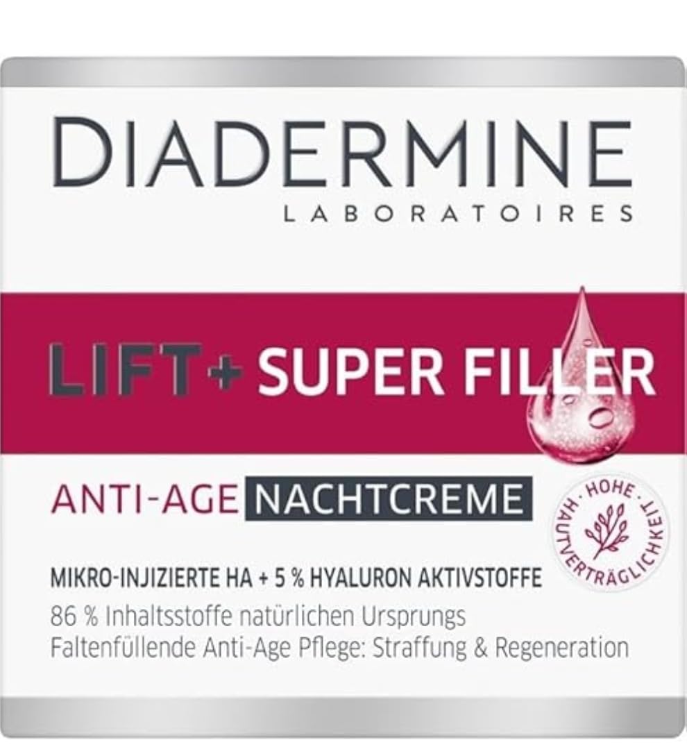 Diadermine Lift + Superfiller Night Cream bottle highlights overnight hydration and smoothing benefits.