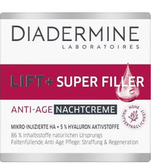 Diadermine Lift + Superfiller Night Cream jar displays rich texture and overnight nourishment.