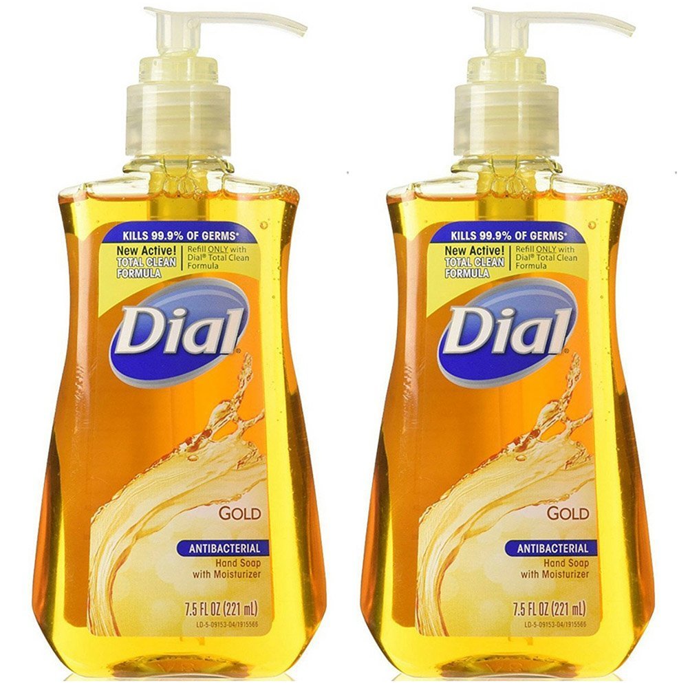 Dial antibacterial liquid hand soap gold bottle for daily hand cleansing and bacteria reduction.