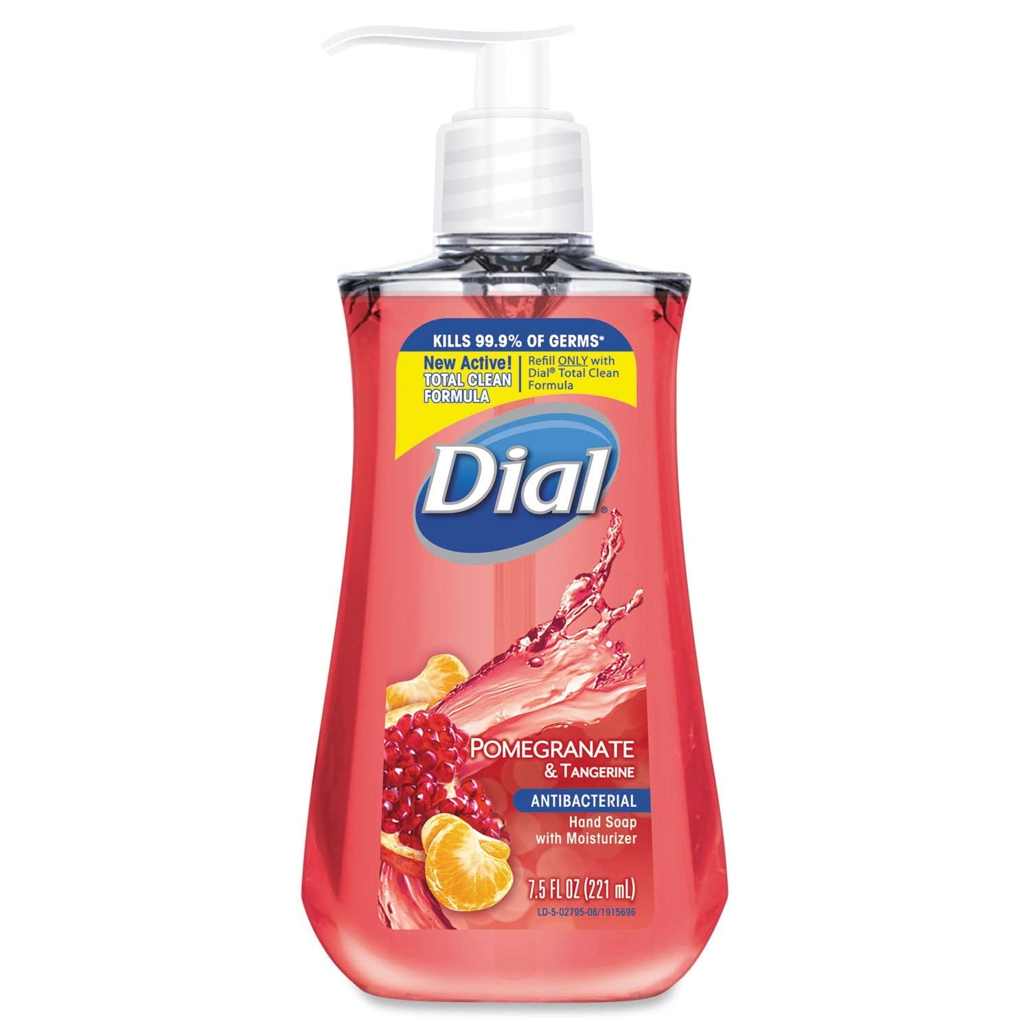 Dial antimicrobial liquid soap bottle in pomegranate and tangerine scent for everyday hand hygiene.
