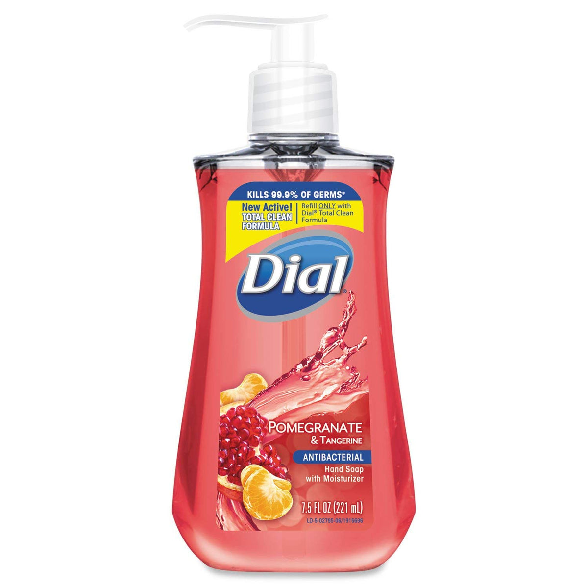 Dial antimicrobial liquid soap bottle in pomegranate and tangerine scent for everyday hand hygiene.