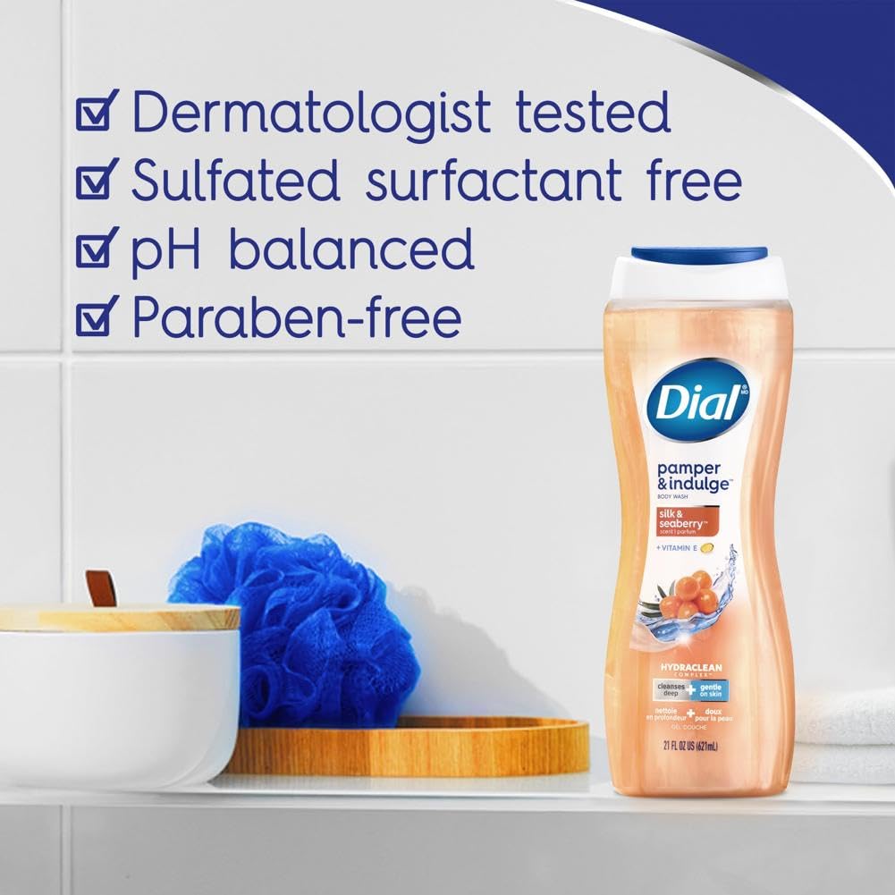 Dial Silk Seaberry bottle on bathroom shelf with soft foam