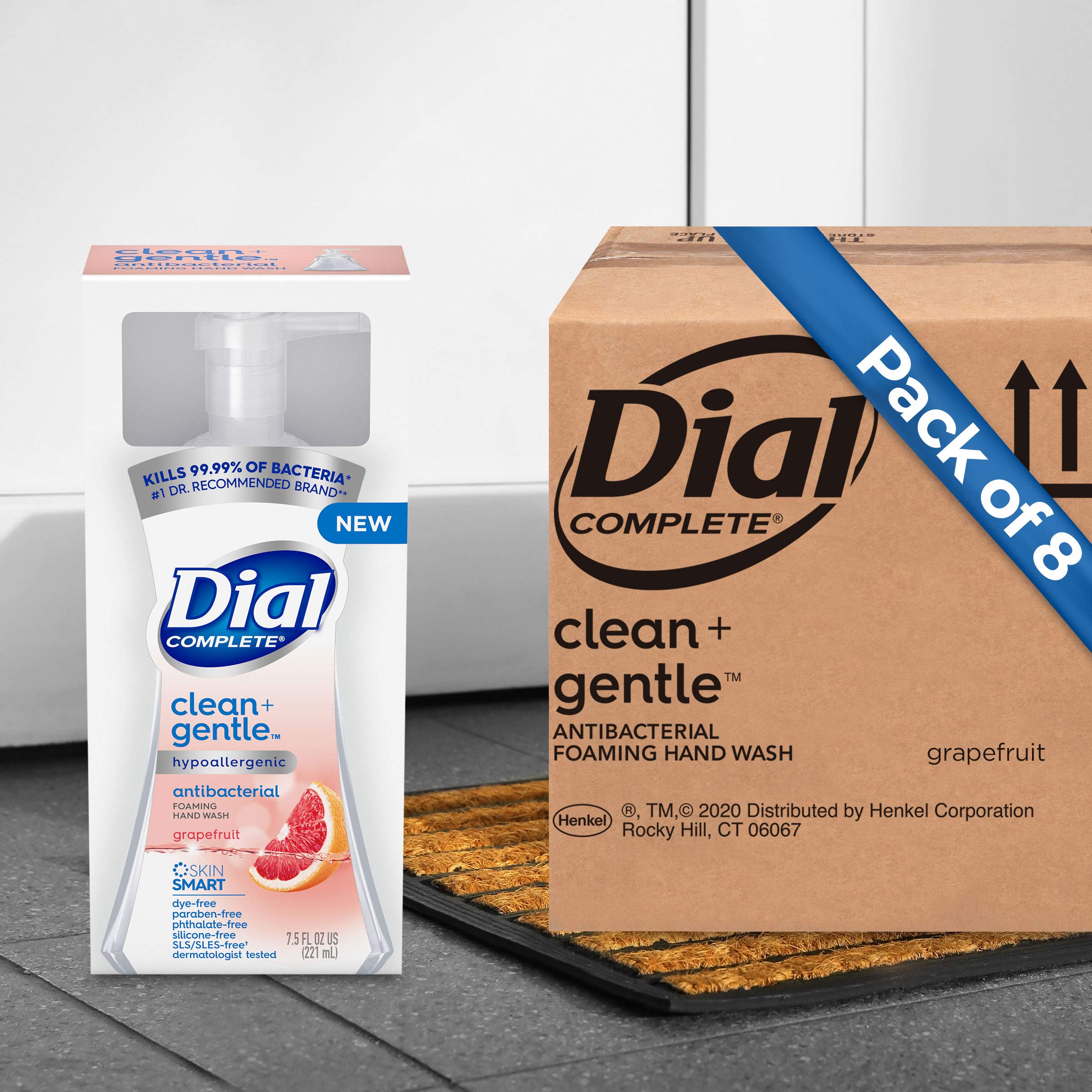 Dial Complete grapefruit foaming hand wash bottle close-up highlighting soft, moisturized-feeling hands.