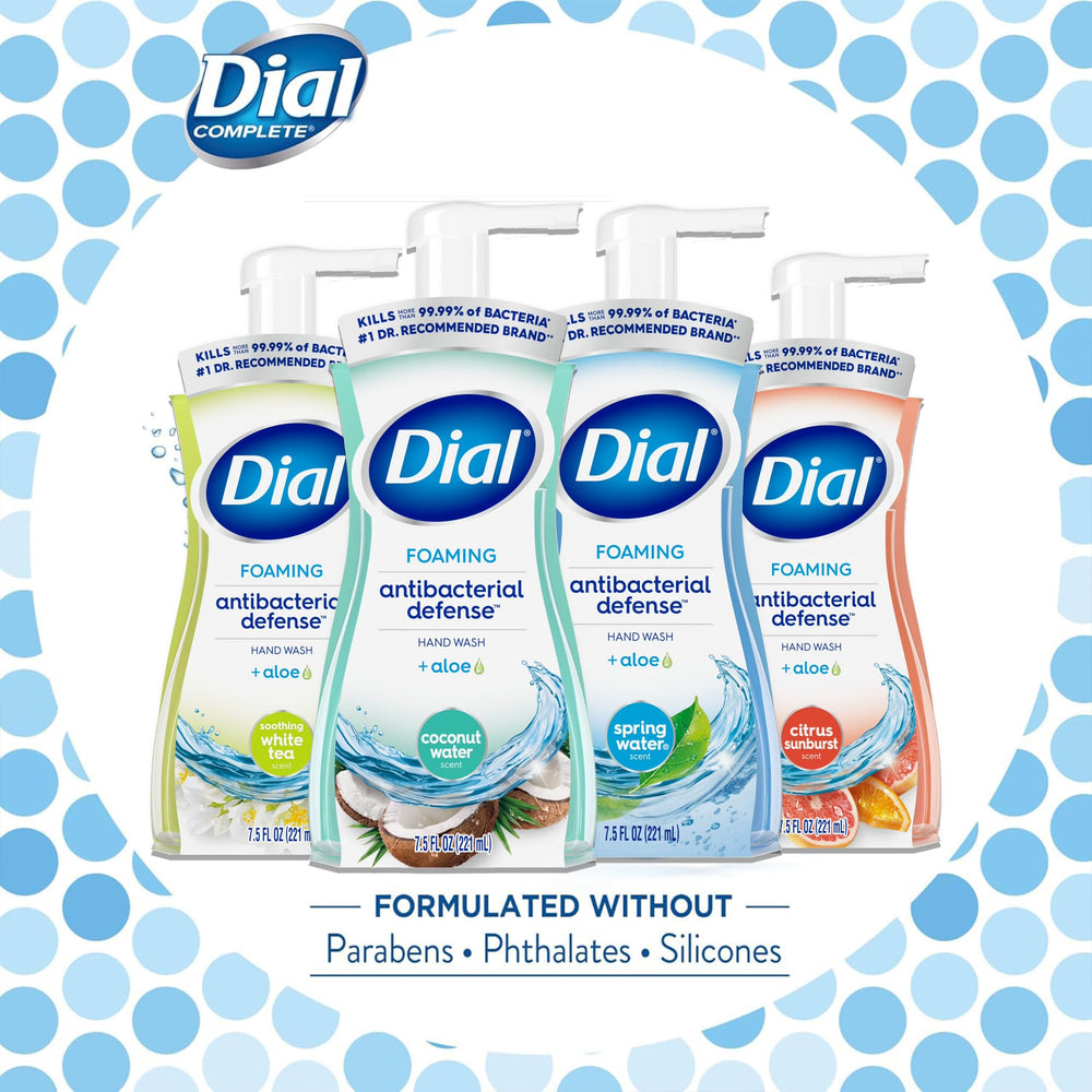 Dial Complete foaming hand wash bottle collection arranged for display