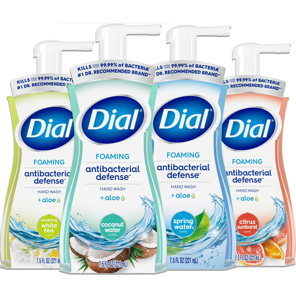 Dial Complete foaming hand wash bottle front highlighting antibacterial action