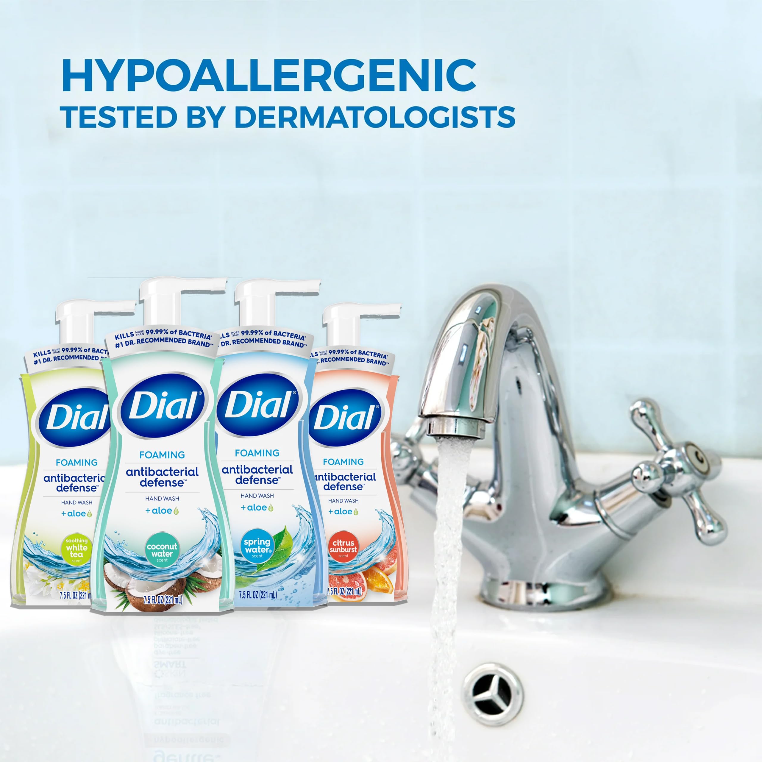 Dial Complete foaming hand wash four bottles pack showing variety scents