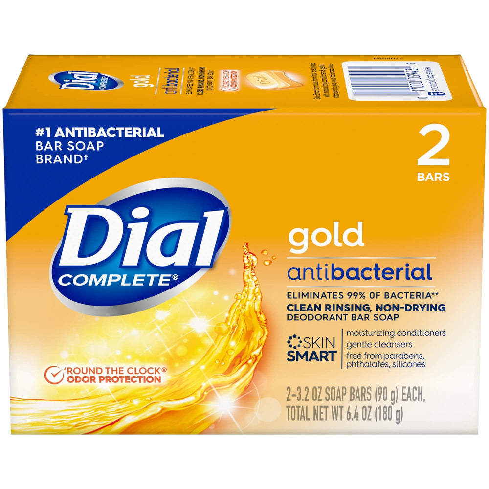 Dial Gold antibacterial bar soap package with two bars offering long-lasting odor protection.