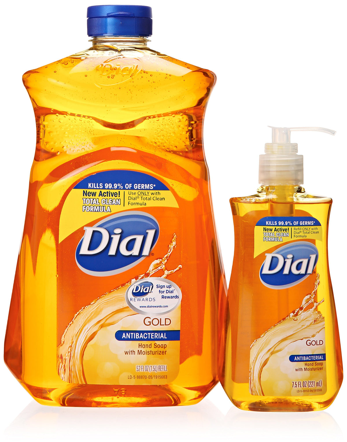 Dial Gold bottle pump of antibacterial hand soap showing moisturizing formula for soft hands after washing.