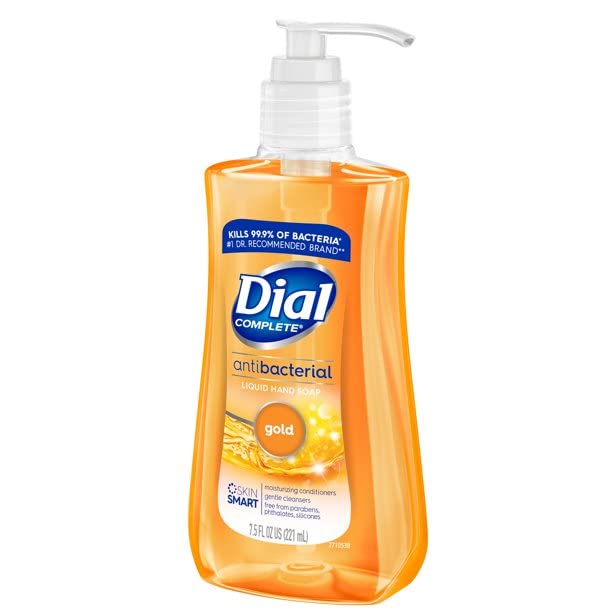 Dial Liquid Antimicrobial Soap bottle beside sink for daily hand hygiene.