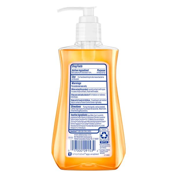Dial Liquid Antimicrobial Soap label close-up showing skin conditioning ingredients.