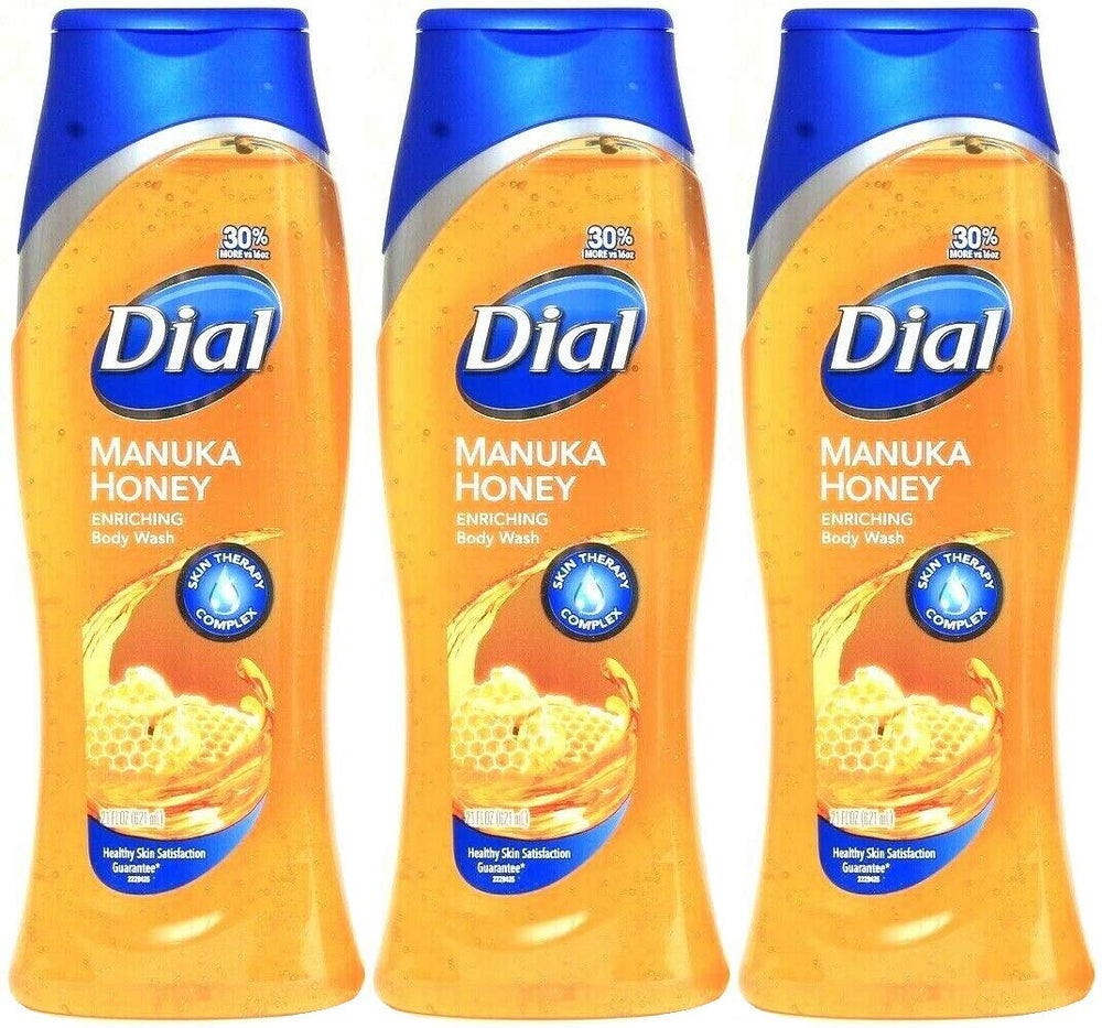 Dial Manuka Honey Enriching Body Wash pack of 3 bottles cleanses and nourishes skin daily.