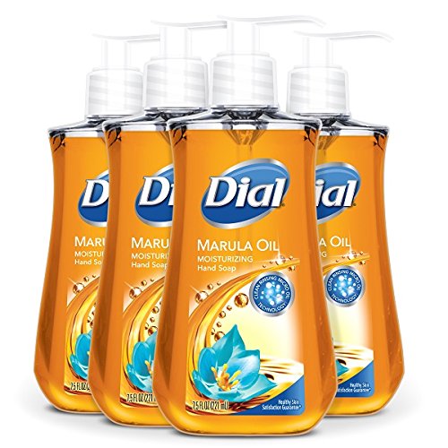 Dial Marula Oil hand soap bottle on bathroom counter for gentle cleansing.