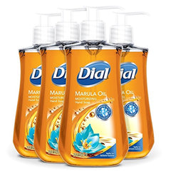 Dial Marula Oil hand soap bottle on bathroom counter for gentle cleansing.