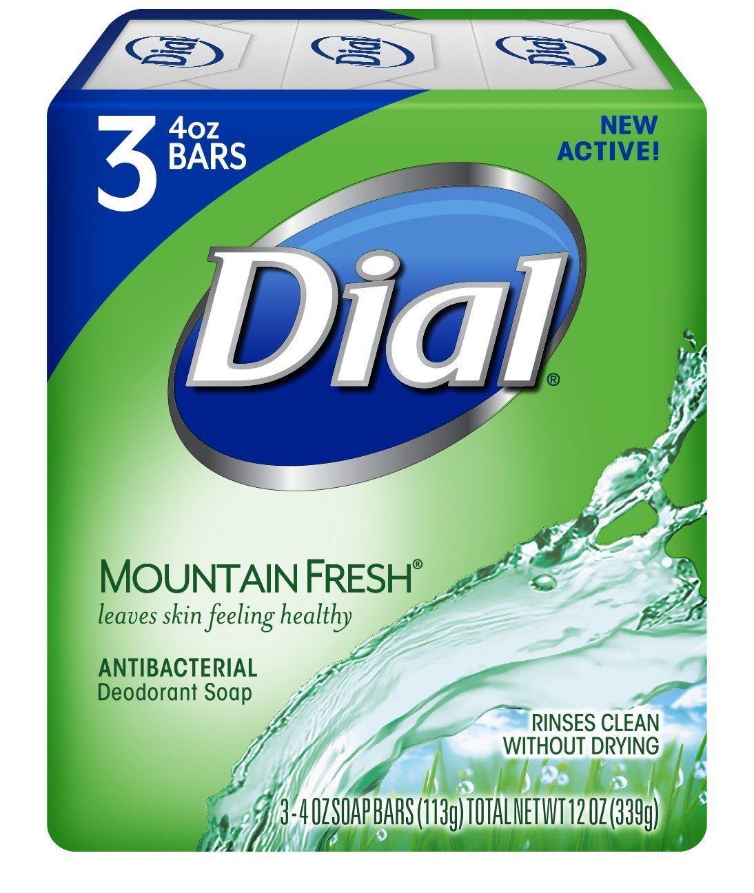 Dial Mountain Fresh antibacterial deodorant soap bar shown, delivering refreshing cleansing for daily hygiene.