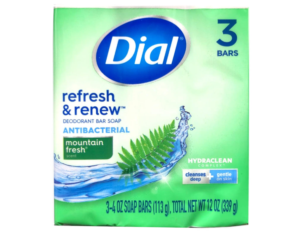 Dial Mountain Fresh bar soap close-up with rich foam for cleansing.