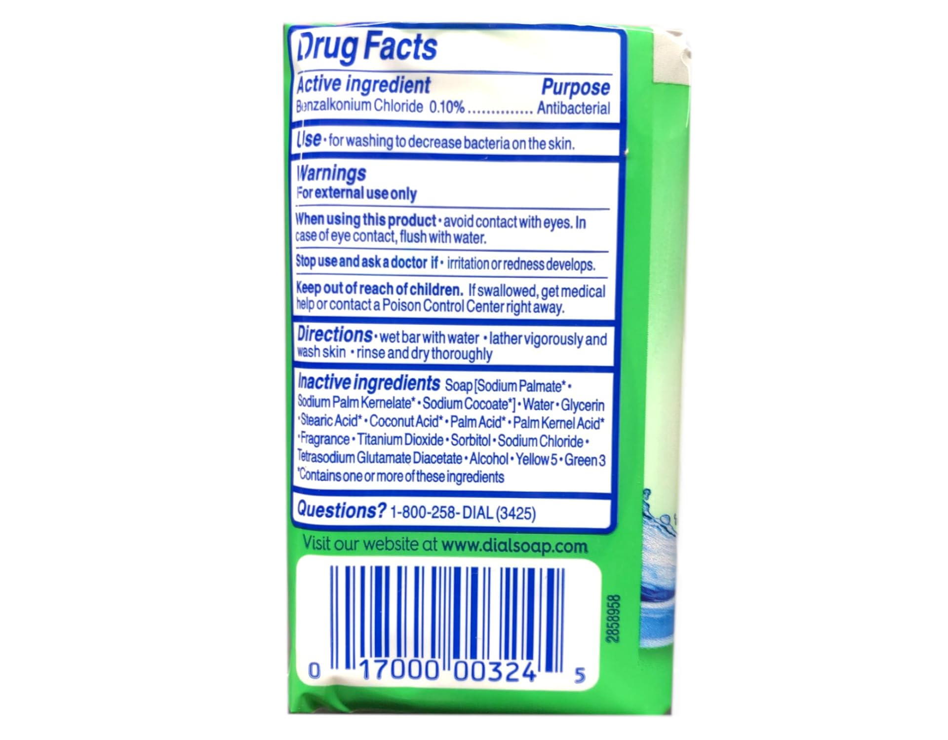 Dial Mountain Fresh bar soap label close-up highlighting antibacterial formula.