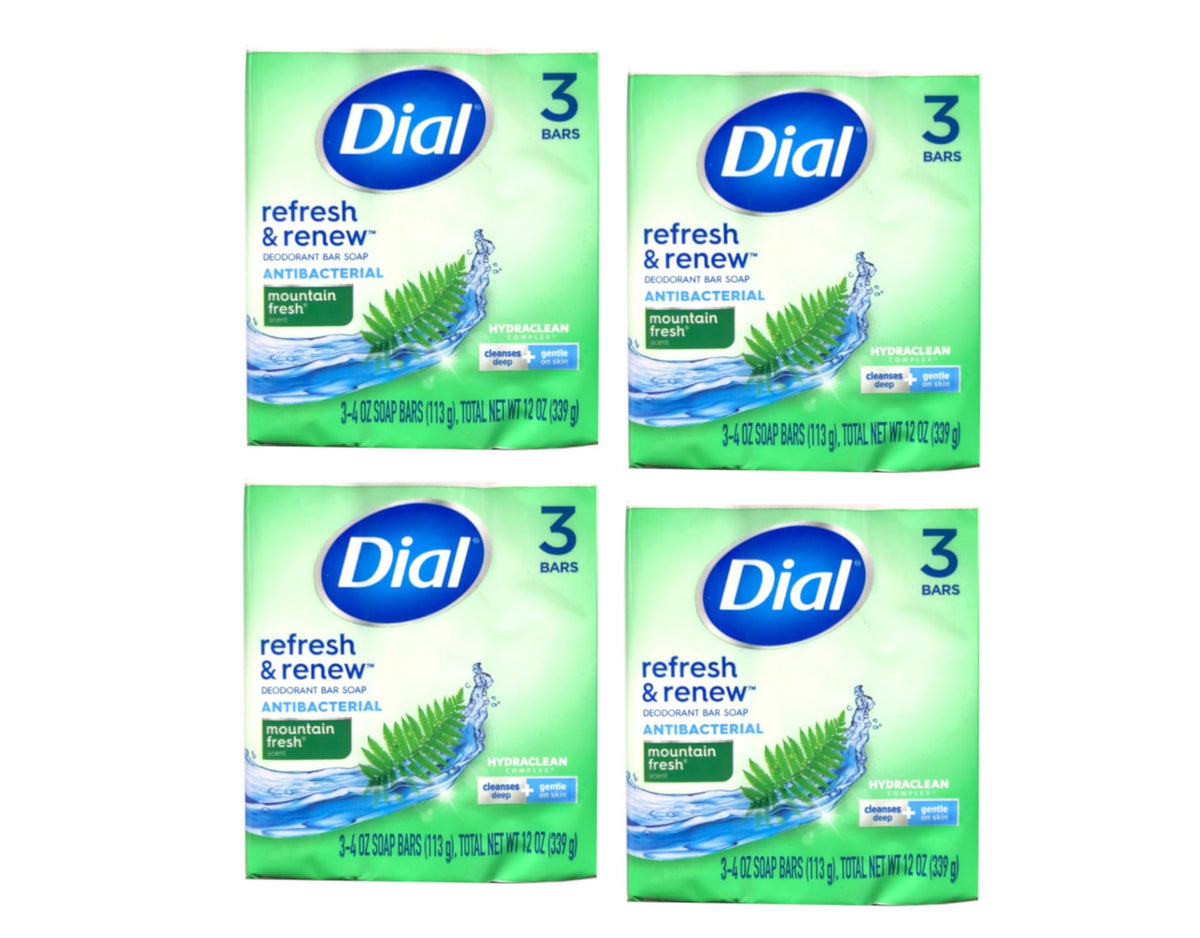 Dial Mountain Fresh bar soap pack of four on display for daily freshness.