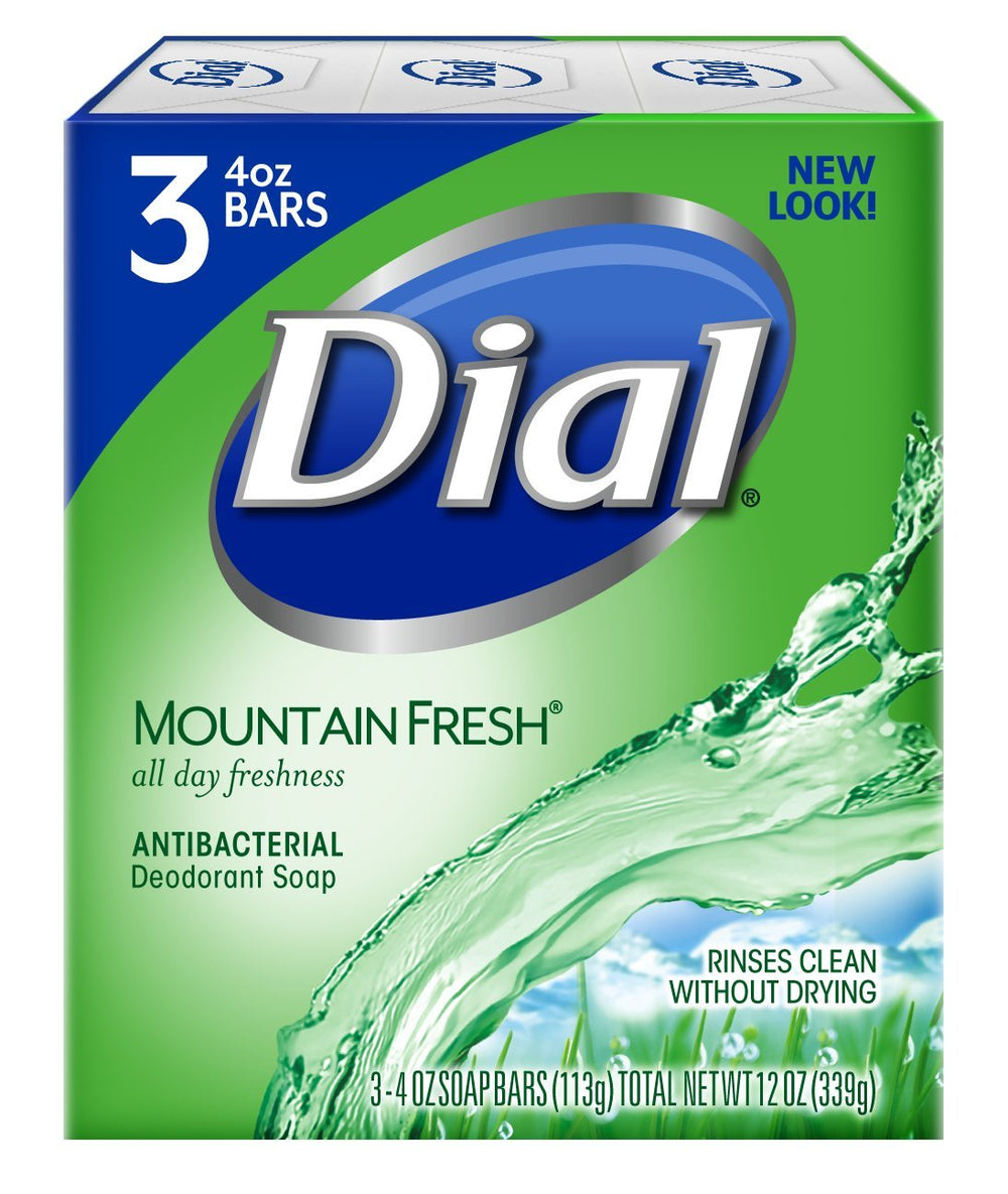 Dial Mountain Fresh bar soap pack front shows reliable antibacterial formula for daily hygiene