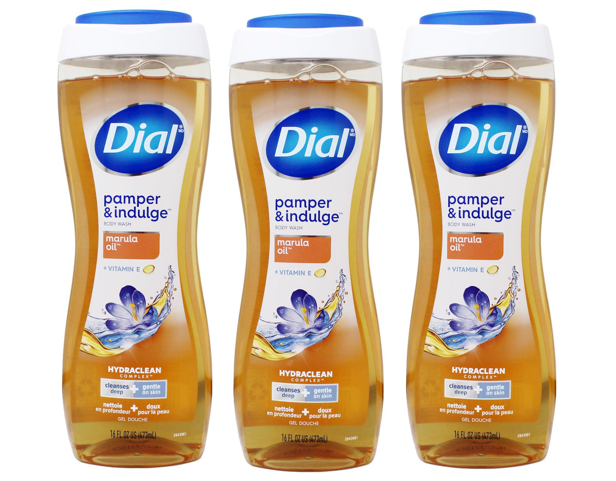 Dial Pamper & Indulge bottle with marula oil pump for moisturizing cleansing.