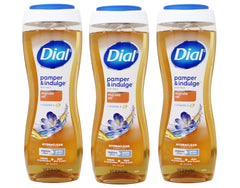 Dial Pamper & Indulge bottle with marula oil pump for moisturizing cleansing.