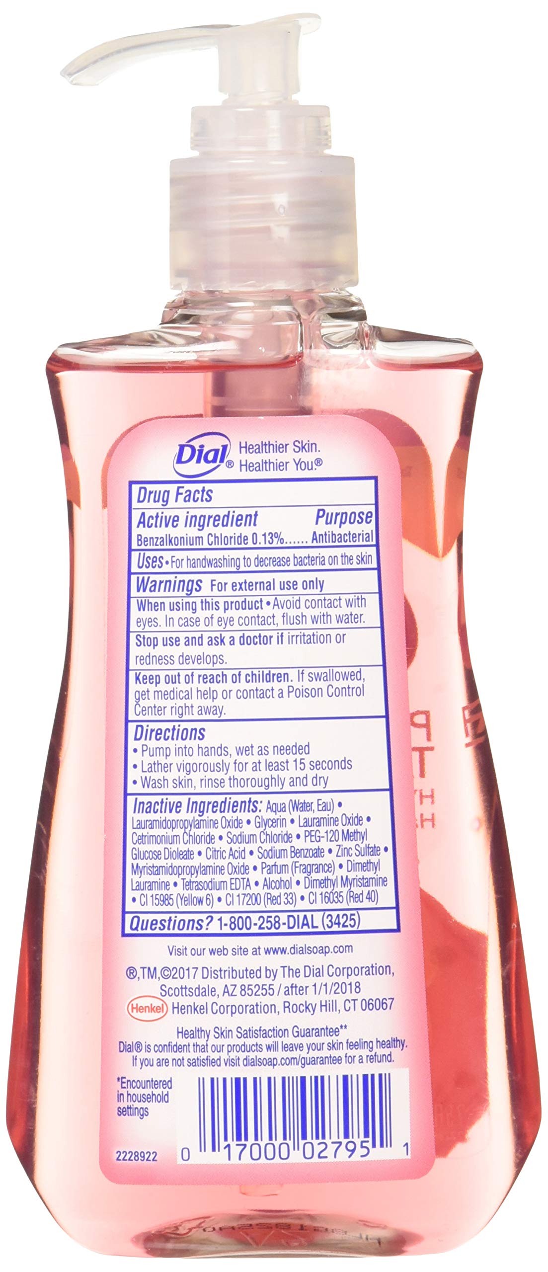 Close-up of the Dial Pomegranate and Tangerine label emphasizing antibacterial protection.