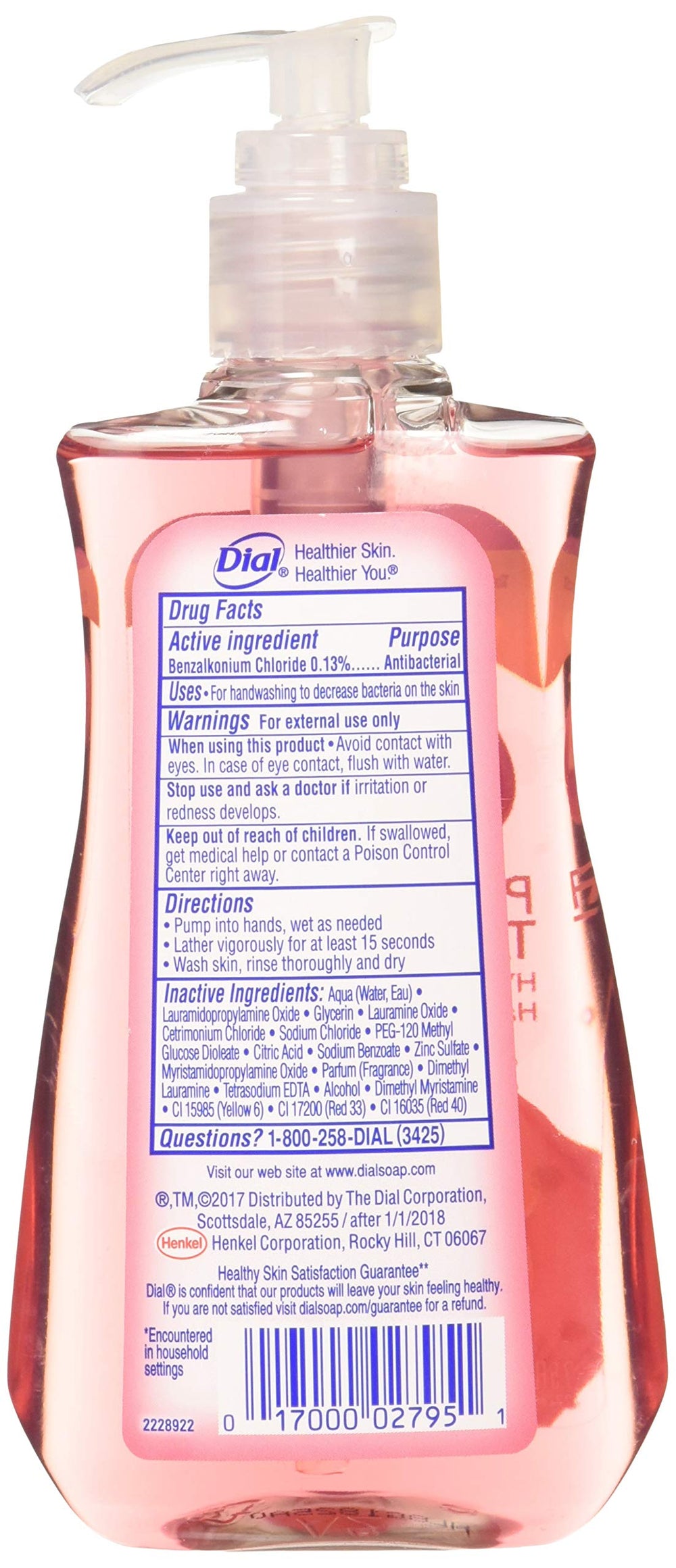 Close-up of the Dial Pomegranate and Tangerine label emphasizing antibacterial protection.