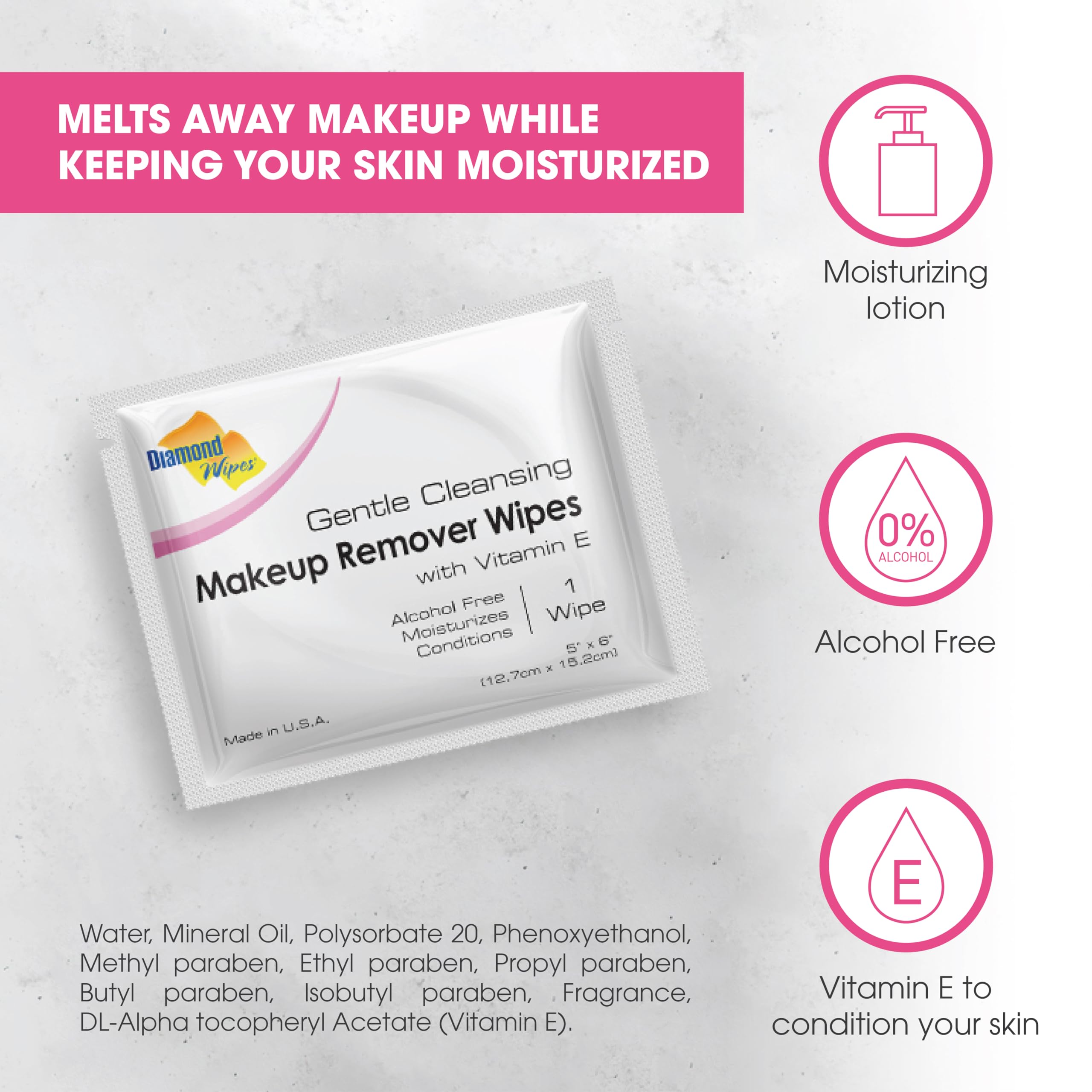 Diamond Wipes waterproof makeup removal wipes lift stubborn makeup gently.