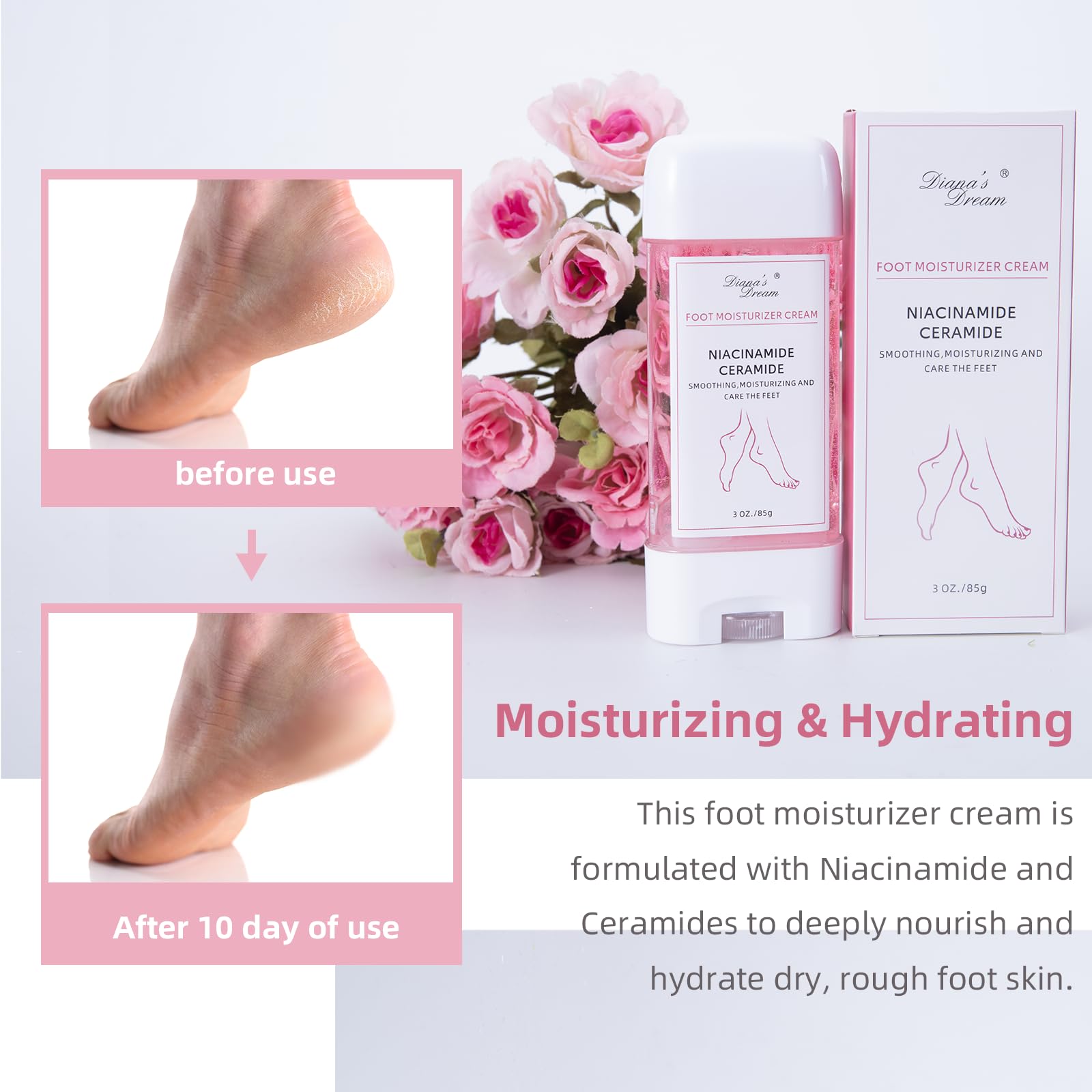 Diana's Dream ingredients close-up featuring Niacinamide and Ceramides for skin nourishment.