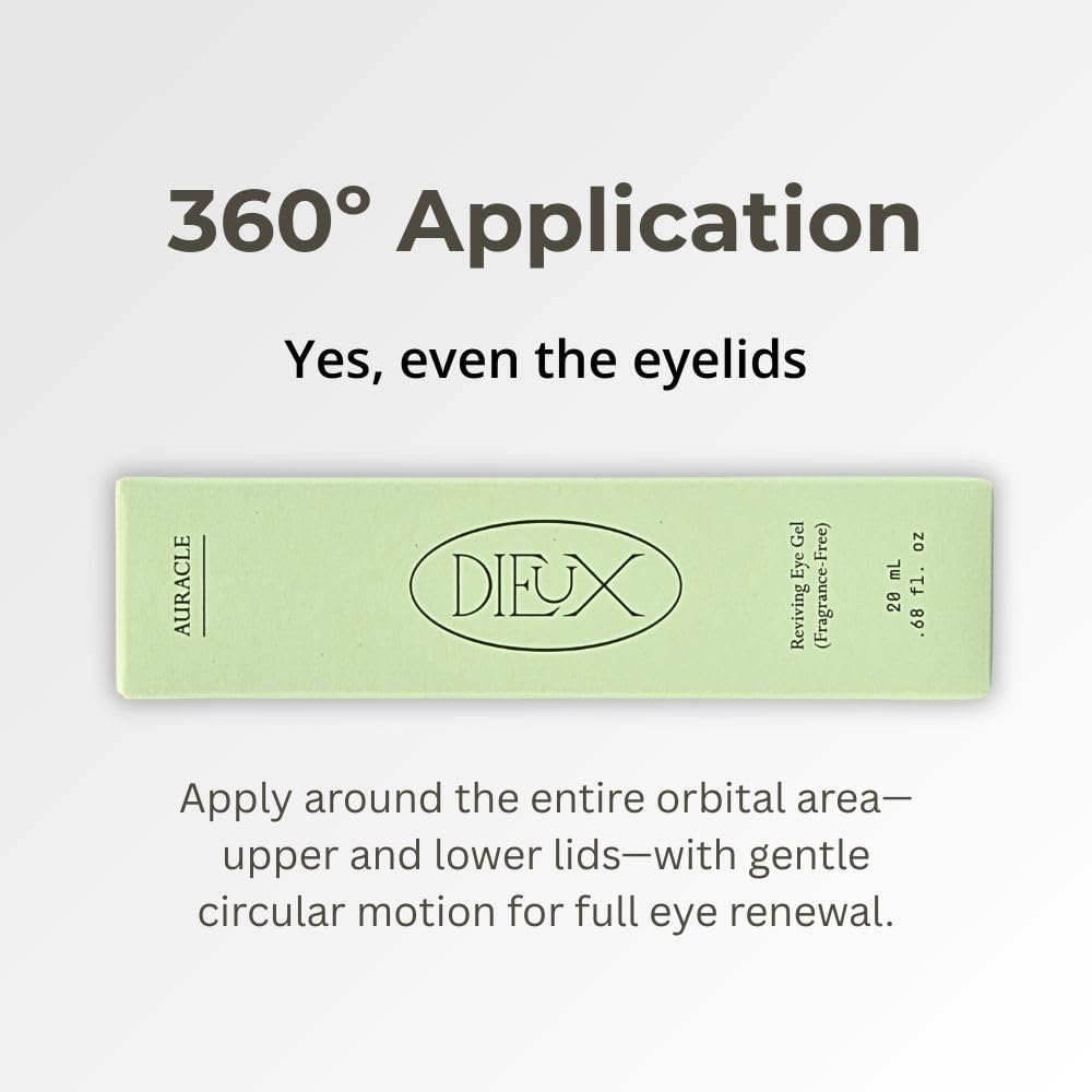 Dieux Auracle eye gel application photo shows refreshing under-eye feel.