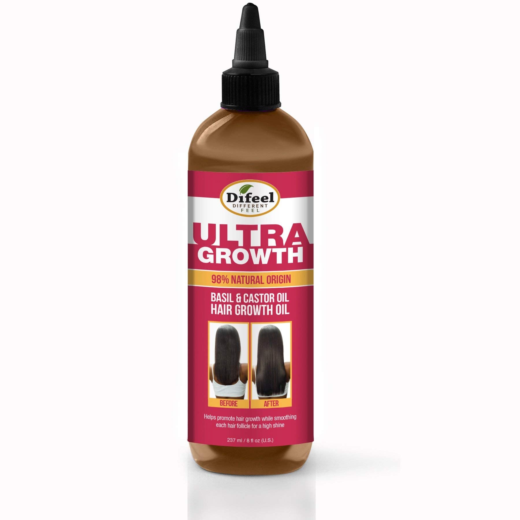 Difeel Basil & Castor Oil bottle highlights potent hair vitality support