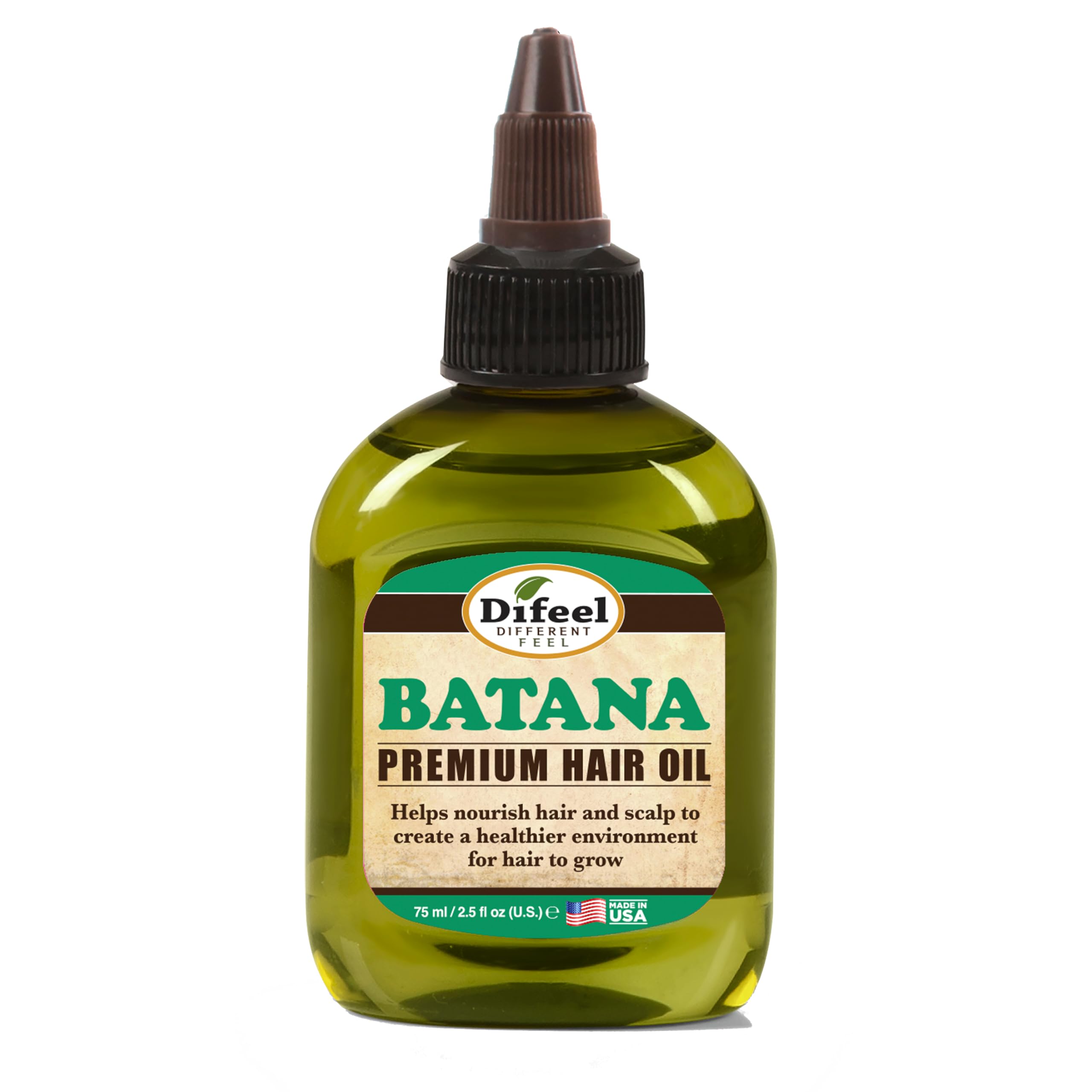Difeel Batana Premium Hair Oil bottle closeup highlights nourishing formula for healthier hair