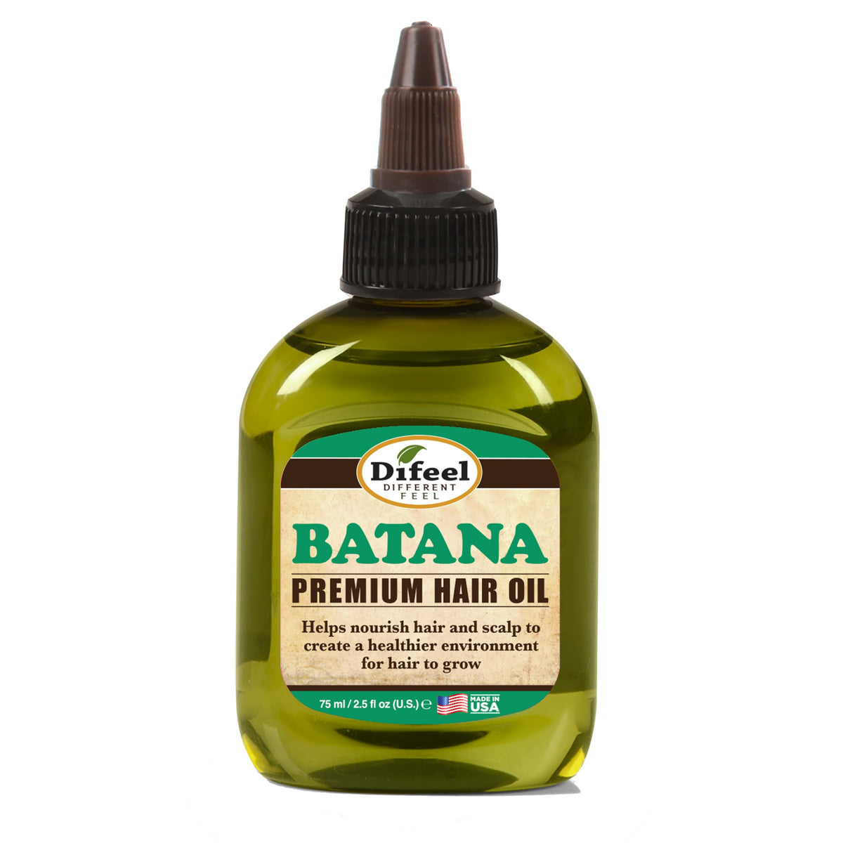 Difeel Batana Premium Hair Oil bottle closeup highlights nourishing formula for healthier hair