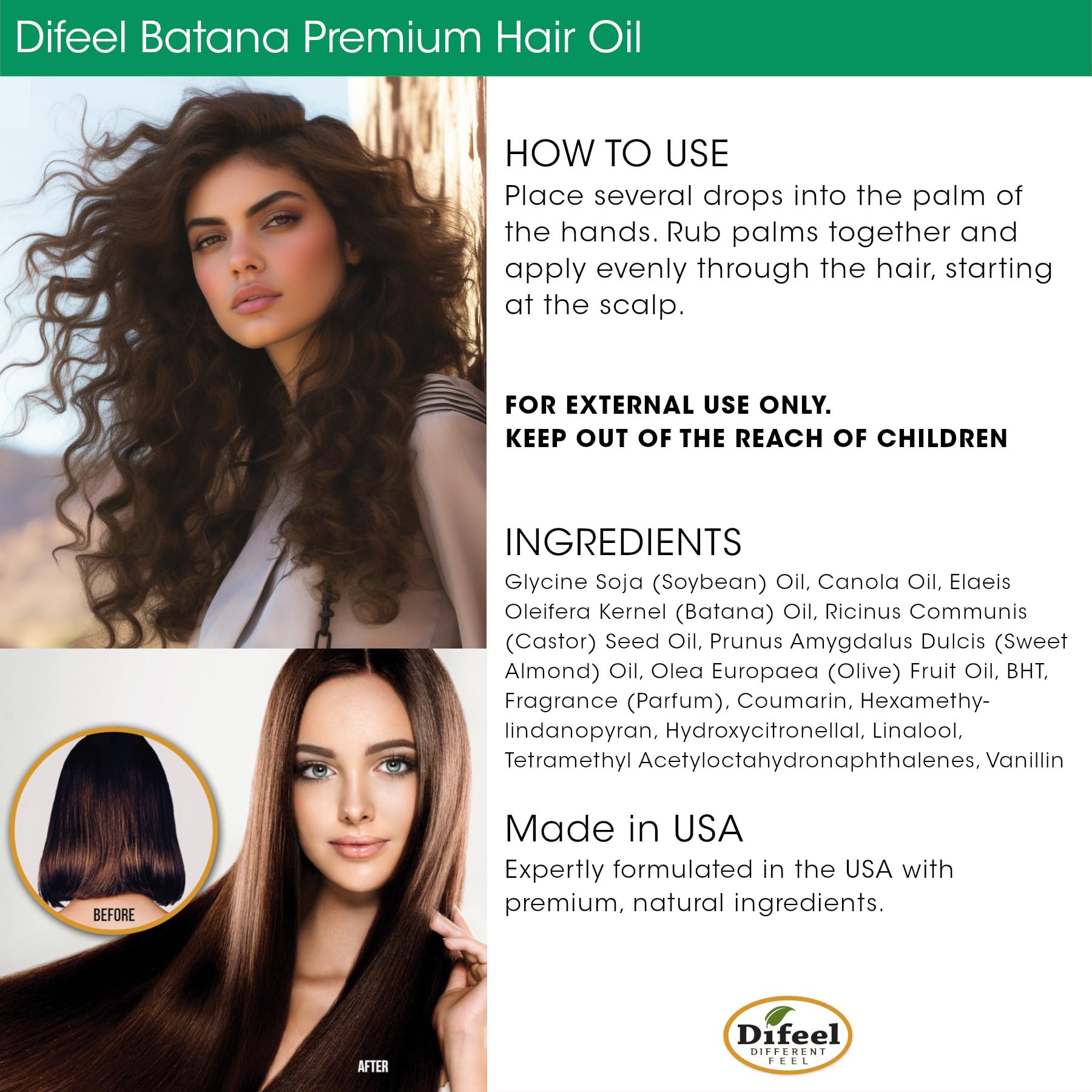 Difeel Batana Premium Hair Oil on glossy hair showing smoother texture and vitality
