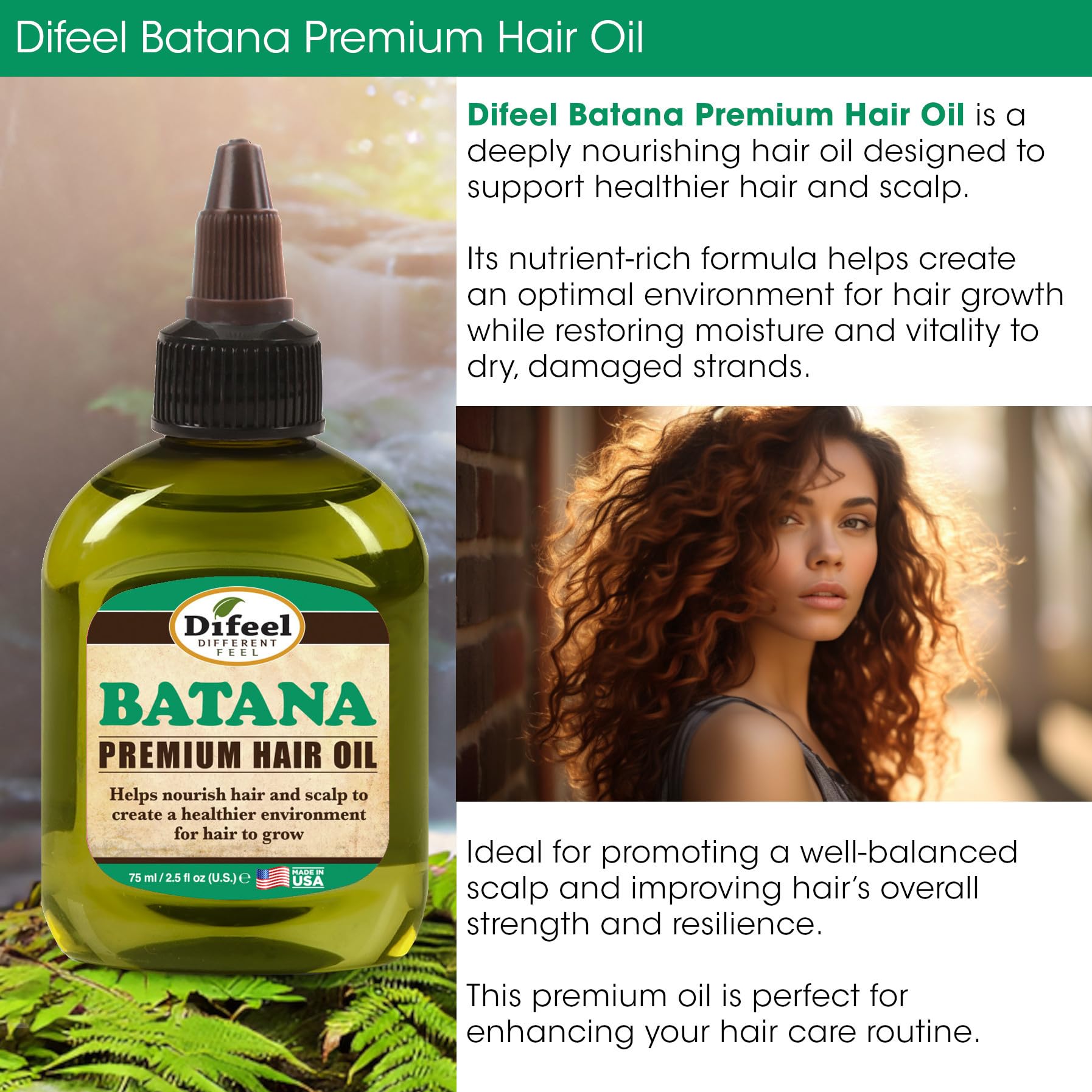 Difeel Batana Premium Hair Oil on hair strands demonstrates strengthened hair