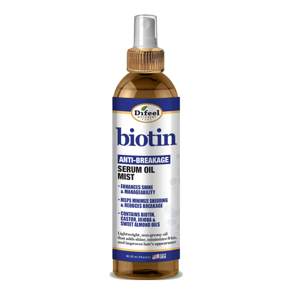 Difeel Biotin Anti-Breakage Serum Oil Mist bottle close-up highlighting shine