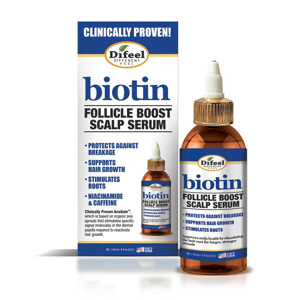 Difeel Biotin Follicle Boost serum bottle nourishes scalp for healthier roots.