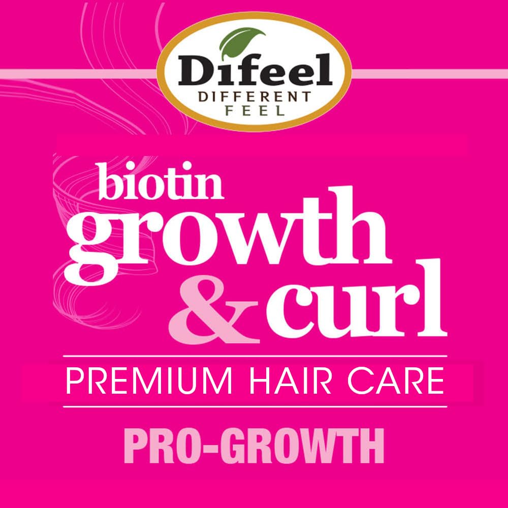 Difeel Biotin Growth & Curl Oil dropper inset emphasizes precise application.