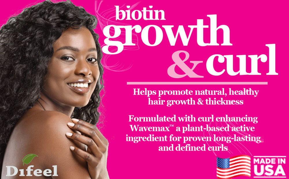 Difeel Biotin Growth & Curl Oil packaging featuring a USA-made badge.