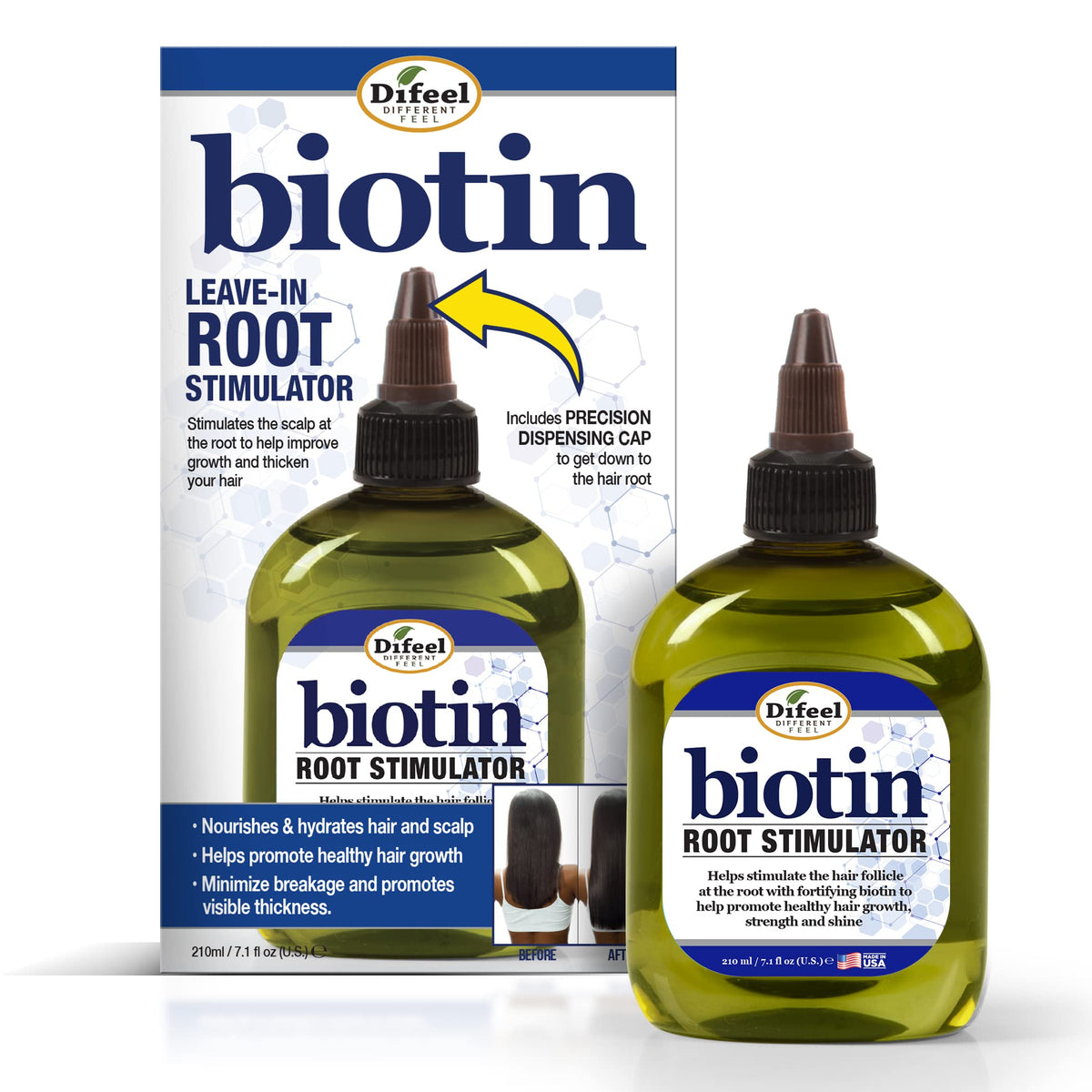 Difeel Biotin Pro-Growth root stimulator bottle front shows the 7.1 oz size for longer use