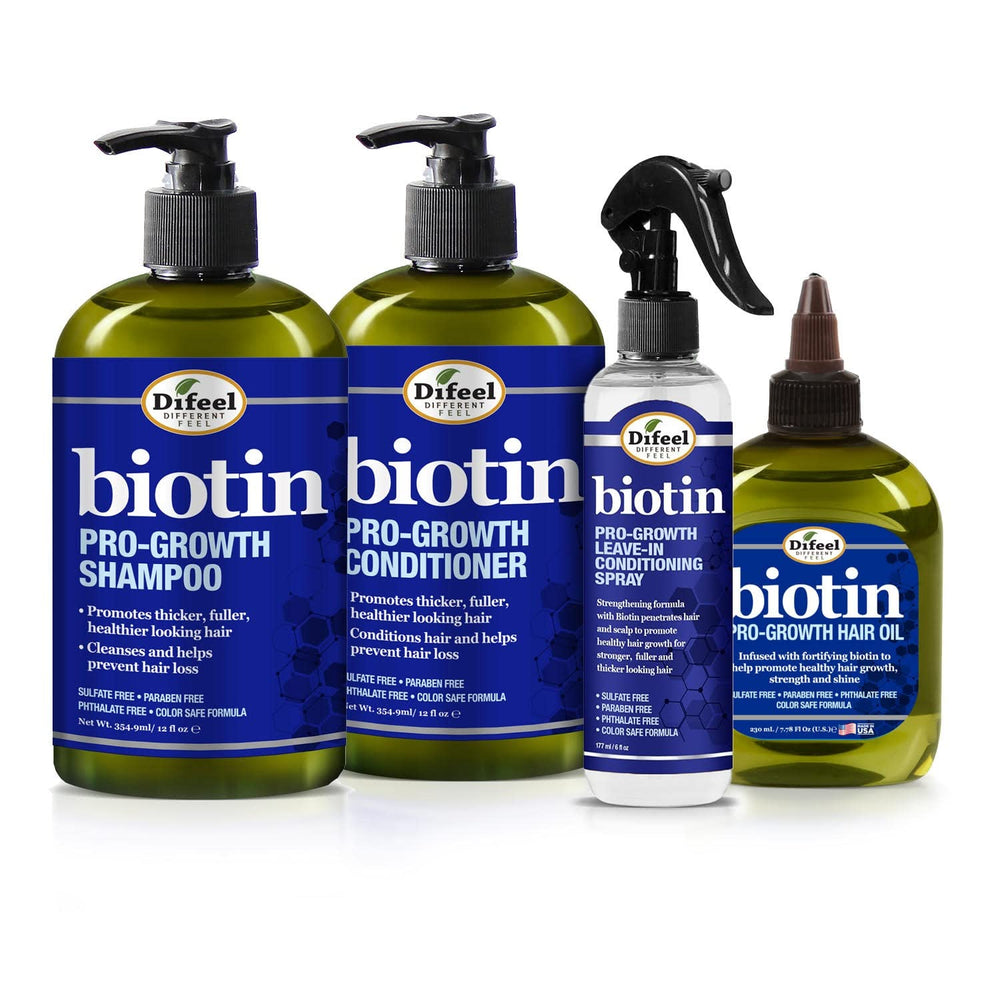 Difeel Biotin Pro-Growth Shampoo bottle close-up for stronger, fuller-looking hair