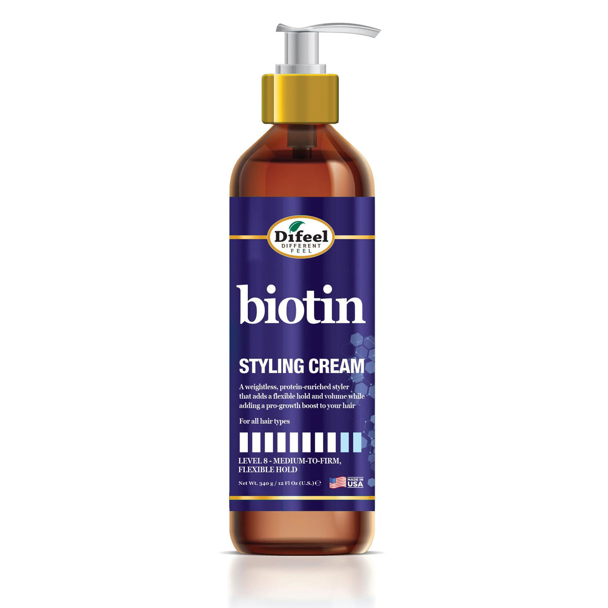 Difeel Biotin Styling Cream 12oz bottle offers flexible hold for everyday looks